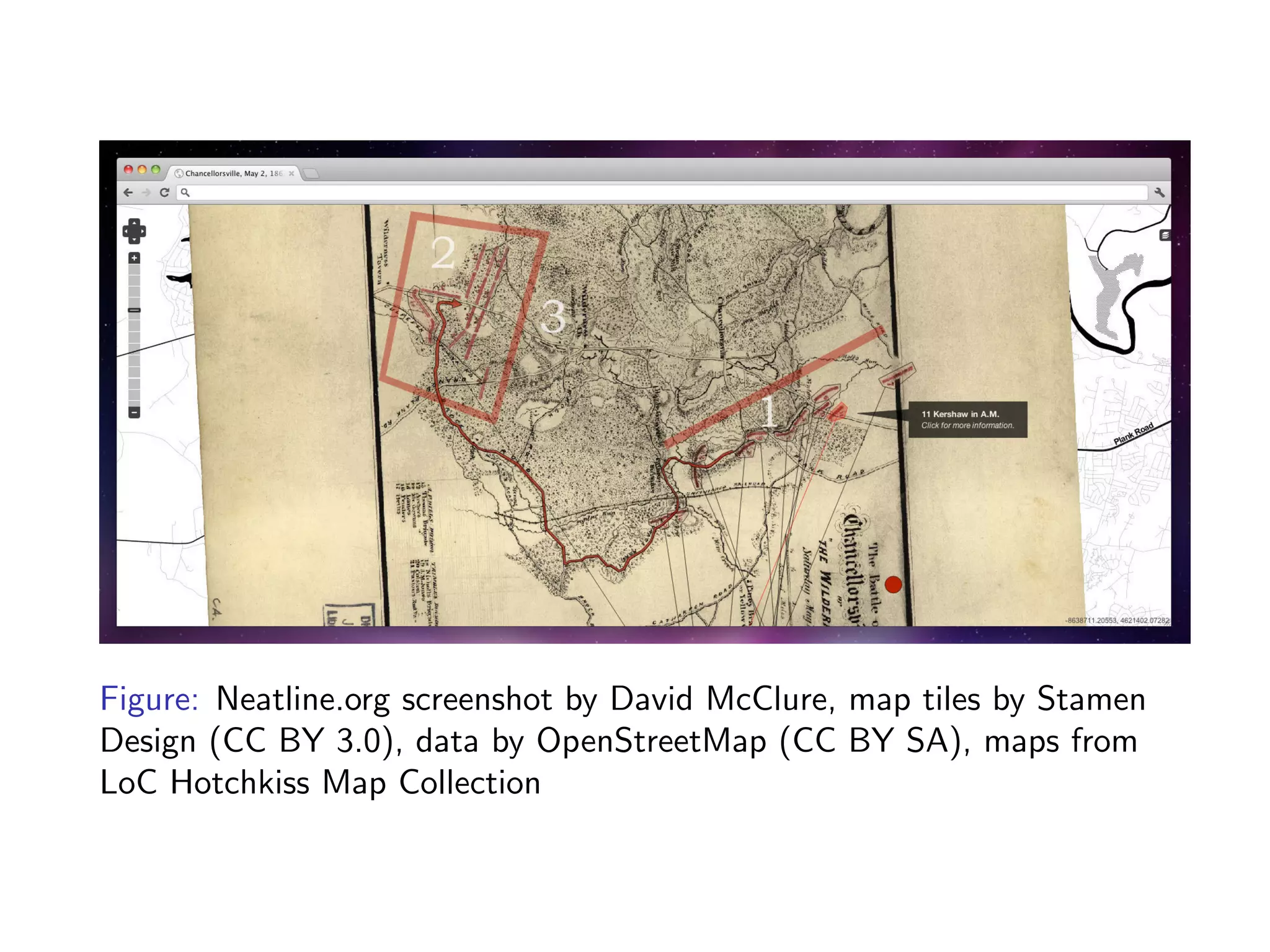 Figure: Neatline.org screenshot by David McClure, map tiles by Stamen
Design (CC BY 3.0), data by OpenStreetMap (CC BY SA), maps from
LoC Hotchkiss Map Collection
 