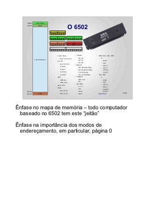 $0000     Zero Page
    $0100       Stack
                                                             O 6502
                                        A
                             7 6 5 4 3 2 1 0

                                        X                          Y
                             7 6 5 4 3 2 1 0                 7 6 5 4 3 2 1 0

                                        S                          P
                             7 6 5 4 3 2 1 0                 N V 1 B D I Z C

                                                       PC
                             15 14 13 12 11 10 9 8           7 6 5 4 3 2 1 0


                                    ●   Load / Store                ●   Trasnfer                   ●   ROR, ROL, SHL, SHR
                                            –   Pero no mucho!          –   AX, XA                     –   A
            Free Addresses                                              –   AY, YA                             #imm
                                    ●   LD / ST                                                            ●

                                                                        –   XS, SX                         ●   Abs
                                            –   [A,X,Y] #imm        ●   Branchs                            ●   Abs,X
                                            –   A abs,X                 –   EQ / NE (Zero Flag)            ●
                                                                                                               Abs,Y
                                            –   A abs,Y                     MI / PO (Minus Flag)
                                                                        –                                  ●   (Indi,X)
                                            –   A (indi,X)              –   CS, CR (Carry)                 ●
                                                                                                               (Ind),Y
                                            –   A (indi),Y              –   VS, VC (Overflow)      ●   ADC, SBC
                                    ●   JMP                         ●   P (Status)                     –   A
                                            –   JMP abs                 –   SEC, CLC                       ●   #imm
                                                                        –   Etc                                Abs
                                            –   JMP (indi)                                                 ●

                                                                    ●   INC / DEC                          ●   Abs,X
                                    ●   JSR / RTS
                                                                        –   A, X, Y                        ●
                                                                                                               Abs,Y
                                    ●   Stack                           –   Abs                            ●   (Indi,X)
                                            –   PHA / PLA               –   Abs,X                              (Ind),Y
    $FF00                                                                                                  ●


                ROM                         –   PHP / PLP               –   Abs,Y                      Muito Mais!          17/89
    $FFFF                                                                                          ●




Ênfase no mapa de memória – todo computador
 baseado no 6502 tem este “jeitão”

Ênfase na importância dos modos de
 endereçamento, em particular, página 0
 