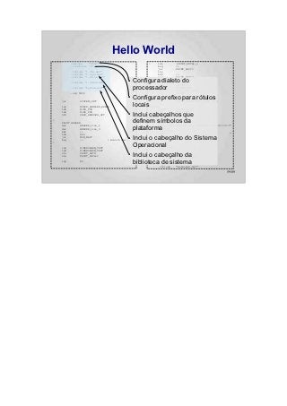 Hello World
          .setcpu      "6502"                                  :     lda         (PRINT_DATA),y
          .localchar   '@'                                           beq         :+
                                                                     jsr         PRINT_ASCII
          .include "../hw.def"                                       iny
          .include "../sys.def"                                      bne         :-
          .include "../bios.def"                                     inc         PRINT_DATA+1

          .include "../CB2k.def"
                                                ●     Configura dialeto do
                                                           :
                                                                     bne
                                                                      :-


                                                      processador SYSTEM_HGR
                                                              jsr     ANYKEY
          .include "system.def"                               jsr
                                                              SYS     CB2K_FILE_LOAD
          .org $800                                                  jsr         ANYKEY


    jsr        SYSTEM_INIT
                                                ●     Configura prefixo para rótulos
                                                            NO_FUN:
                                                                  jmp SYSTEM_APPLESOFT_START_COLD

    ldy        #CB2K_HANDLER_ERROR
                                                      locaisANYKEY:
    lda        #<NO_FUN                                              PRINT       ANYKEY_TEXT
    ldx
    SYS
               #>NO_FUN
               CB2K_HANDLER_SET                 ●     Inclui HEADER:
                                                             cabeçalhos que
                                                                   jmp         MON_RDKEY


:
    PRINT HEADER                                      definem símbolos da
                                                             HEADER_line_0:
                                                                   .byte 22,0

                                                      plataforma 23,0
    dec         HEADER_line_1                                      textz "============ Hello World !! ============"
    dec         HEADER_line_0                                HEADER_line_1:
    bmi         :+                                                 .byte
    Lda         #90                                                  textz "                                      "


:
    jsr
    beq
                MON_WAIT
                :-
                                                ●
                                   ; Branch always!   Inclui o cabeçalho do Sistema
                                                                   .byte 1,0,0
                                                                   .byte -1


    lda        #<MENSAGEM_TEXT
                                                      Operacional 23,0
                                                             ANYKEY_TEXT:
                                                                   .byte
    ldx        #>MENSAGEM_TEXT                                       textz ":"
    sta
    stx
               PRINT_DATA
               PRINT_DATA+1                     ●     Inclui o cabeçalho da
                                                                   .byte -1

                                                                   .include "system.inc"
    ldy        #0
                                                      biblioteca de sistema
                                                             MENSAGEM_TEXT:
                                                                     .include    "mensagem.txt"

                                                                                                                59/89
 