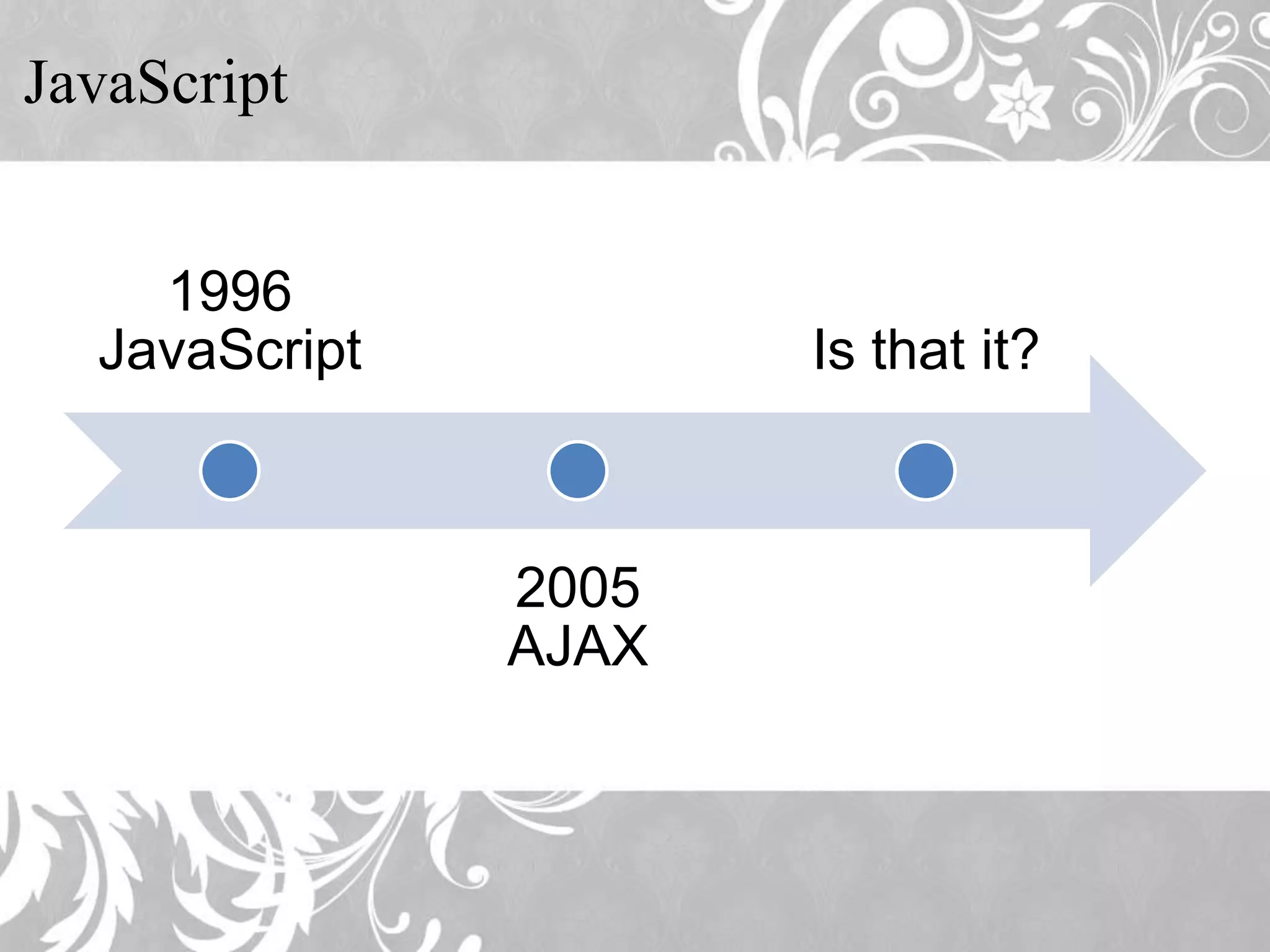 JavaScript 1996 JavaScript Is that it? 2005 AJAX