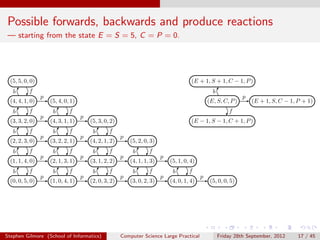 Possible forwards, backwards and produce reactions
— starting from the state E = S = 5, C = P = 0.




  (5, 5, 0, 0)                                                                          (E + 1, S + 1, C − 1, P )
   b       f                                                                                       b
                 p                                                                                               p
  (4, 4, 1, 0)       (5, 4, 0, 1)                                                                (E, S, C, P )       (E + 1, S, C − 1, P + 1)
   b       f          b       f                                                                            f
                 p                  p
  (3, 3, 2, 0)       (4, 3, 1, 1)       (5, 3, 0, 2)                                    (E − 1, S − 1, C + 1, P )
   b       f          b       f          b       f
                 p                  p                  p
  (2, 2, 3, 0)       (3, 2, 2, 1)       (4, 2, 1, 2)       (5, 2, 0, 3)
   b       f          b       f          b       f          b       f
                 p                  p                  p                  p
  (1, 1, 4, 0)       (2, 1, 3, 1)       (3, 1, 2, 2)       (4, 1, 1, 3)       (5, 1, 0, 4)
   b       f          b       f          b       f          b       f          b       f
                 p                  p                  p                  p                  p
  (0, 0, 5, 0)       (1, 0, 4, 1)       (2, 0, 3, 2)       (3, 0, 2, 3)       (4, 0, 1, 4)        (5, 0, 0, 5)




Stephen Gilmore (School of Informatics)                Computer Science Large Practical                Friday 28th September, 2012     17 / 45
 