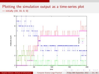 Plotting the simulation output as a time-series plot
— initially (10, 10, 0, 0)

                            10




                             8




                             6
           molecule count




                                                                                                E
                                                                                                S
                                                                                                C
                                                                                                P
                             4




                             2




                             0
                                 0        50                    100                150                   200
                                                               time

Stephen Gilmore (School of Informatics)        Computer Science Large Practical   Friday 28th September, 2012   21 / 45
 