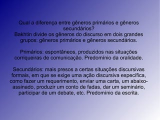 Qual a diferença entre gêneros primários e gêneros
                      secundários?
 Bakhtin divide os gêneros do discurso em dois grandes
   grupos: gêneros primários e gêneros secundários.

   Primários: espontâneos, produzidos nas situações
 corriqueiras de comunicação. Predomínio da oralidade.

  Secundários: mais presos a certas situações discursivas
 formais, em que se exige uma ação discursiva específica,
como fazer um requerimento, enviar uma carta, um abaixo-
  assinado, produzir um conto de fadas, dar um seminário,
    participar de um debate, etc. Predomínio da escrita.
 