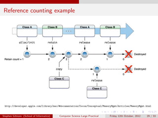 Reference counting example




 http://developer.apple.com/library/mac/#documentation/Cocoa/Conceptual/MemoryMgmt/Articles/MemoryMgmt.html


Stephen Gilmore (School of Informatics)   Computer Science Large Practical   Friday 12th October, 2012   29 / 33
 