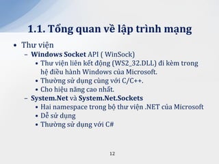 1.1. Tổng quan về lập trình mạng
• Thư viện
  – Windows Socket API ( WinSock)
     • Thư viện liên kết động (WS2_32.DLL) đi kèm trong
       hệ điều hành Windows của Microsoft.
     • Thường sử dụng cùng với C/C++.
     • Cho hiệu năng cao nhất.
  – System.Net và System.Net.Sockets
     • Hai namespace trong bộ thư viện .NET của Microsoft
     • Dễ sử dụng
     • Thường sử dụng với C#


                            12
 