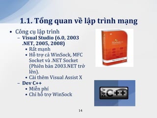 1.1. Tổng quan về lập trình mạng
• Công cụ lập trình
  – Visual Studio (6.0, 2003
    .NET, 2005, 2008)
     • Rất mạnh
     • Hỗ trợ cả WinSock, MFC
       Socket và .NET Socket
       (Phiên bản 2003.NET trở
       lên).
     • Cài thêm Visual Assist X
  – Dev C++
     • Miễn phí
     • Chỉ hỗ trợ WinSock

                            14
 