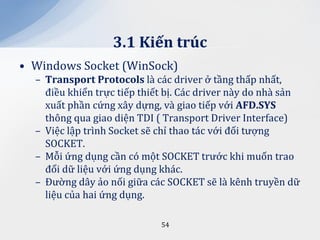 3.1 Kiến trúc
• Windows Socket (WinSock)
  – Transport Protocols là các driver ở tầng thấp nhất,
    điều khiển trực tiếp thiết bị. Các driver này do nhà sản
    xuất phần cứng xây dựng, và giao tiếp với AFD.SYS
    thông qua giao diện TDI ( Transport Driver Interface)
  – Việc lập trình Socket sẽ chỉ thao tác với đối tượng
    SOCKET.
  – Mỗi ứng dụng cần có một SOCKET trước khi muốn trao
    đổi dữ liệu với ứng dụng khác.
  – Đường dây ảo nối giữa các SOCKET sẽ là kênh truyền dữ
    liệu của hai ứng dụng.

                             54
 