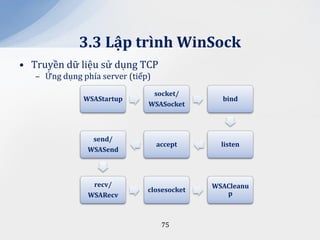 3.3 Lập trình WinSock
• Truyền dữ liệu sử dụng TCP
   – Ứng dụng phía server (tiếp)
                                socket/
               WSAStartup                      bind
                               WSASocket



                 send/
                                   accept      listen
                WSASend



                 recv/                       WSACleanu
                               closesocket
                WSARecv                         p



                                    75
 