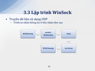 3.3 Lập trình WinSock
• Truyền dữ liệu sử dụng UDP
   – Trình tự nhận thông tin ở bên nhận như sau


                               socket/
             WSAStartup                             bind
                              WSASocket




                              WSACleanup          recvfrom




                                  92
 