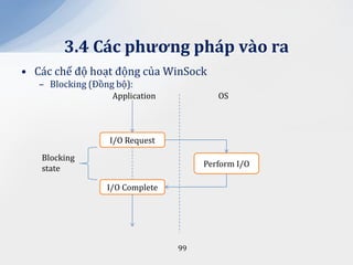 3.4 C|c phương ph|p v{o ra
• Các chế độ hoạt động của WinSock
   – Blocking (Đồng bộ):
                   Application           OS




                  I/O Request
   Blocking
                                      Perform I/O
   state

                  I/O Complete




                                 99
 