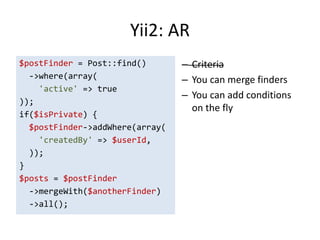 Yii2: AR
$postFinder = Post::find()       – Criteria
  ->where(array(                 – You can merge finders
    'active' => true
                                 – You can add conditions
));
                                   on the fly
if($isPrivate) {
  $postFinder->addWhere(array(
    'createdBy' => $userId,
  ));
}
$posts = $postFinder
  ->mergeWith($anotherFinder)
  ->all();
 