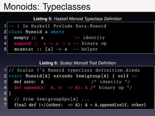 Monoids: Typeclasses
           Listing 5: Haskell Monoid Typeclass Deﬁnition
1 -- | In Haskell Prelude Data. Monoid
2 class Monoid a where
3   mempty :: a            -- identity
4   mappend :: a -> a -> a -- binary op
5   mconcat :: [a] -> a -- helper

              Listing 6: Scalaz Monoid Trait Deﬁnition
1 // Scalaz 7’s Monoid typeclass definition , kinda
2 trait Monoid [A] extends Semigroup [A] { self =>
3   def zero: A                    /* identity */
4   def append(x: A, y: => A): A /* binary op */
5 }
6   // from SemigroupOps [A] ...
7   final def |+|(other: => A): A = A.append(self, other)
 