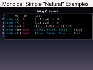 Monoids: Simple "Natural" Examples
                           Listing 13: Haskell
1   --      OP      ID      List
2   foldr   (+)    0       [1 ,2 ,3 ,4] -- 10
3   foldr   (*)    1       [1 ,2 ,3 ,4] -- 24
4   foldr   (++)   []      [[1] , [1 ,2]] -- [1 ,1 ,2]
5   foldr   (&&)   True     [True , False , True] -- False
6   foldr   (||)   False   [True , False , True] -- True
7
 