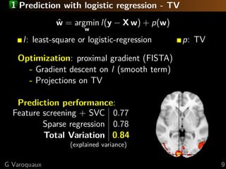 1 Prediction with logistic regression - TV
              w = argmin l(y − X w) + p(w)
              ˆ
                       w
     l: least-square or logistic-regression   p: TV

   Optimization: proximal gradient (FISTA)
     - Gradient descent on l (smooth term)
     - Projections on TV

   Prediction performance:
  Feature screening + SVC 0.77
          Sparse regression 0.78
          Total Variation 0.84
                  (explained variance)

G Varoquaux                                           9
 