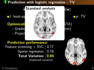 1 Prediction with logistic regression - TV
              wStandard l(y − X w) + p(w)
              ˆ = argmin analysis
                       w
     l: least-square or logistic-regression   p: TV

   Optimization: proximal gradient (FISTA)
     - Gradient descent on l (smooth term)
     - Projections on TV

   Prediction performance:
  Feature screening + SVC 0.77
          Sparse regression 0.78
          Total Variation 0.84
                  (explained variance)

G Varoquaux                                           9
 