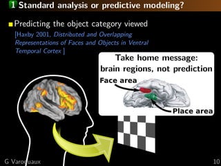 1 Standard analysis or predictive modeling?

  Predicting the object category viewed
   [Haxby 2001, Distributed and Overlapping
   Representations of Faces and Objects in Ventral
   Temporal Cortex ]
                                     Take home message:
                                 brain regions, not prediction




G Varoquaux                                                      10
 