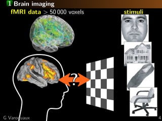 1 Brain imaging
  fMRI data > 50 000 voxels   stimuli




G Varoquaux                             4
 