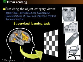 1 Brain reading

  Predicting the object category viewed
   [Haxby 2001, Distributed and Overlapping
   Representations of Faces and Objects in Ventral
   Temporal Cortex ]
          Supervised learning task




G Varoquaux                                          5
 