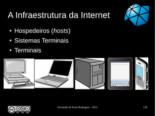 A Infraestrutura da Internet
●   Hospedeiros (hosts)
●   Sistemas Terminais
●   Terminais




                  Fernando de Assis Rodrigues - 2012   120
 