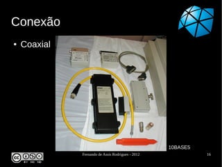 Conexão
●   Coaxial




                                                   10BASE5
              Fernando de Assis Rodrigues - 2012             16
 