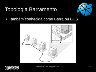 Topologia Barramento
●   Também conhecida como Barra ou BUS




                 Fernando de Assis Rodrigues - 2012   54
 