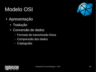 Modelo OSI
●   Apresentação
    ●   Tradução
    ●   Conversão de dados
        –   Formato de transmissão física
        –   Compressão dos dados
        –   Criptografia




                         Fernando de Assis Rodrigues - 2012   86
 