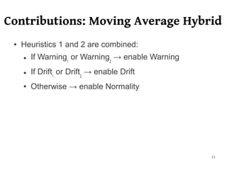 Contributions: Moving Average Hybrid
 ●   Heuristics 1 and 2 are combined:
     ●   If Warning1 or Warning2 → enable Warning
     ●   If Drift1 or Drift2 → enable Drift
     ●   Otherwise → enable Normality




                                                    31
 