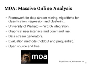MOA: Massive Online Analysis
●   Framework for data stream mining. Algorithms for
    classification, regression and clustering.
●   University of Waikato → WEKA integration.
●   Graphical user interface and command line.
●   Data stream generators.
●   Evaluation methods (holdout and prequential).
●   Open source and free.



                                      http://moa.cs.waikato.ac.nz
                                                                    32
 