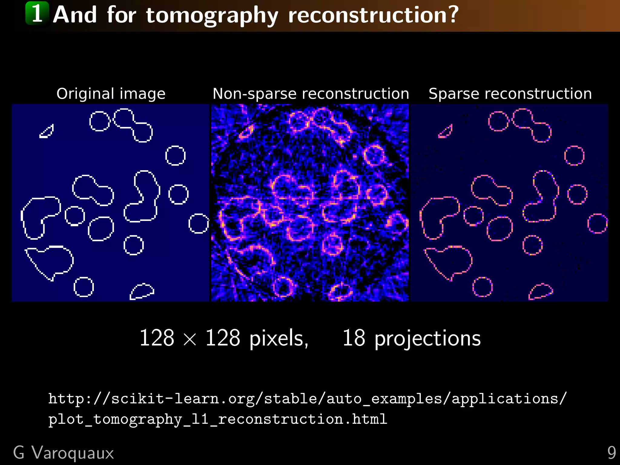 1 And for tomography reconstruction?


    Original image   Non-sparse reconstruction Sparse reconstruction




              128 × 128 pixels,      18 projections

   http://scikit-learn.org/stable/auto_examples/applications/
   plot_tomography_l1_reconstruction.html

G Varoquaux                                                            9
 