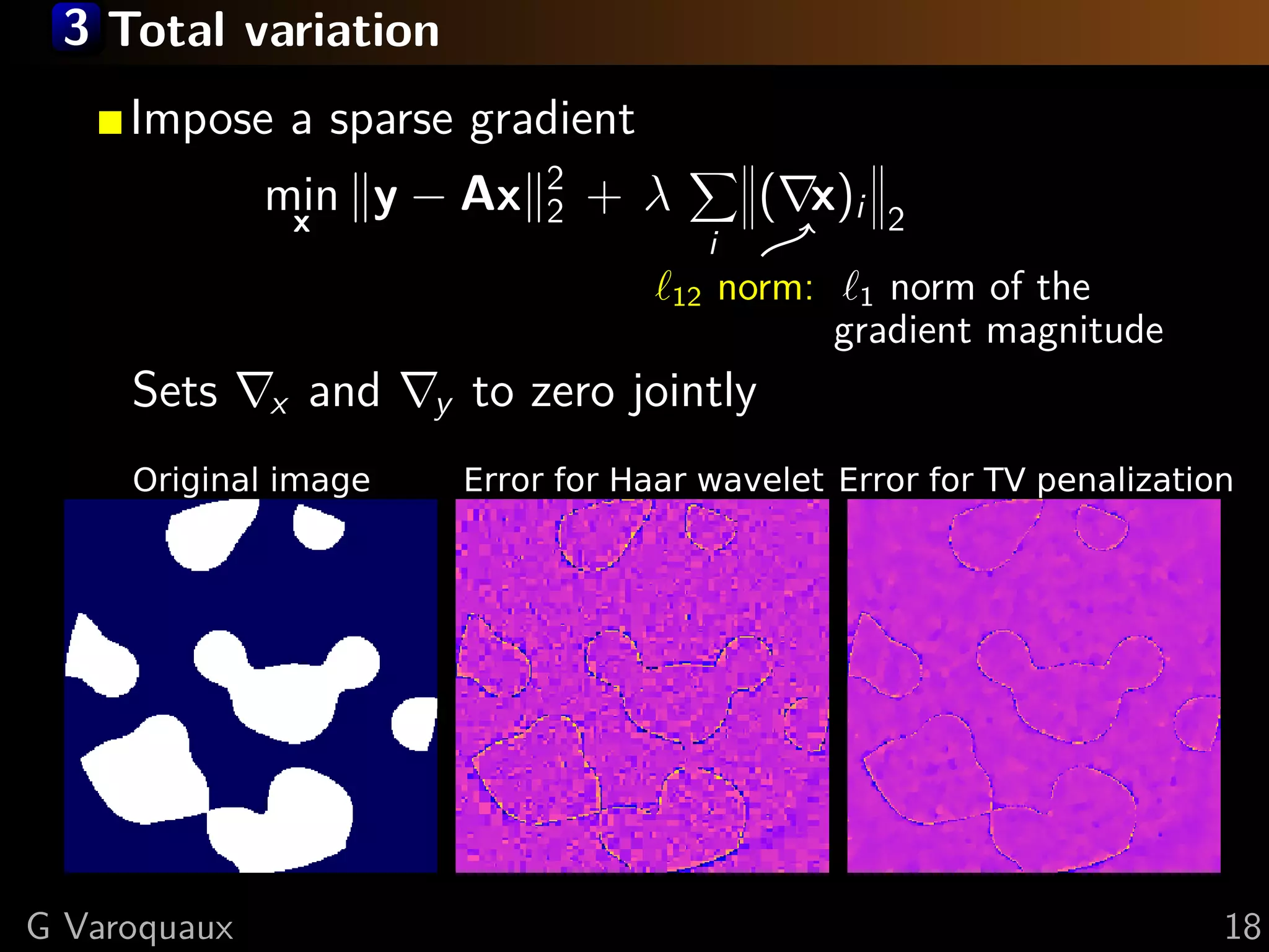 3 Total variation
     Impose a sparse gradient
                                 2
              min y − Ax
               x                 2   +λ              ( x)i   2
                                               i
                                          12       norm:    1 norm of the
                                                           gradient magnitude
     Sets     x   and   y   to zero jointly
     Original image         Error for Haar wavelet Error for TV penalization




G Varoquaux                                                                     18
 
