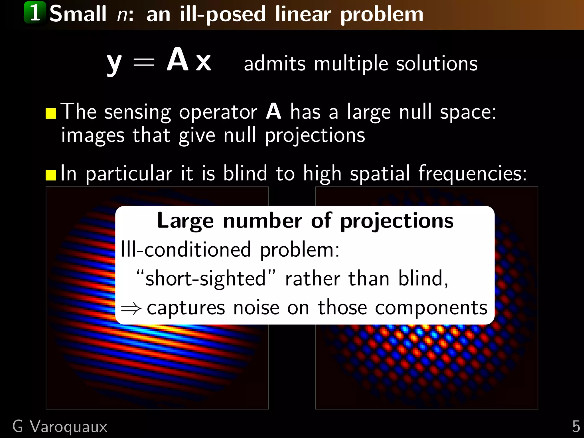 1 Small n: an ill-posed linear problem

          y = Ax          admits multiple solutions

     The sensing operator A has a large null space:
     images that give null projections
     In particular it is blind to high spatial frequencies:

                   Large number of projections
              Ill-conditioned problem:
                 “short-sighted” rather than blind,
              ⇒ captures noise on those components




G Varoquaux                                                   5
 