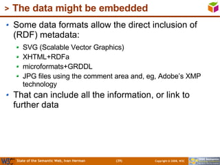 The data might be embedded <ul><li>Some data formats allow the direct inclusion of (RDF) metadata: </li></ul><ul><ul><li>S...