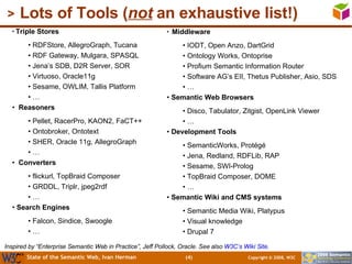 Lots of Tools ( not  an exhaustive list!) <ul><li>Triple Stores </li></ul><ul><ul><li>RDFStore, AllegroGraph, Tucana </li>...