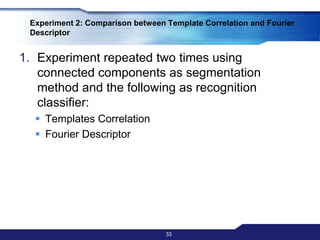 Then the experiment repeated four times using connected components as segmentation method and the following as recognition classifier:Pixel CountVertical ProjectionHorizontal ProjectionTemplates Correlation31Experiment 1: Comparison between Different Segmentation Method and Different Templates Matching Classifier
