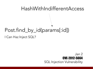HashWithIndifferentAccess



Post.find_by_id(params[:id])
I Can Haz Inject SQL?




                                             Jan 2
                                    CVE-2012-5664
                        SQL Injection Vulnerability
 