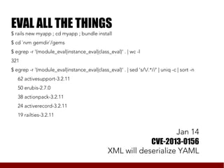 EVAL ALL THE THINGS
$ rails new myapp ; cd myapp ; bundle install
$ cd `rvm gemdir`/gems
$ egrep -r '(module_eval|instance_eval|class_eval)' . | wc -l
321
$ egrep -r '(module_eval|instance_eval|class_eval)' . | sed 's//.*//' | uniq -c | sort -n
   62 activesupport-3.2.11
   50 erubis-2.7.0
   38 actionpack-3.2.11
   24 activerecord-3.2.11
   19 railties-3.2.11


                                                                   Jan 14
                                                           CVE-2013-0156
                                               XML will deserialize YAML
 