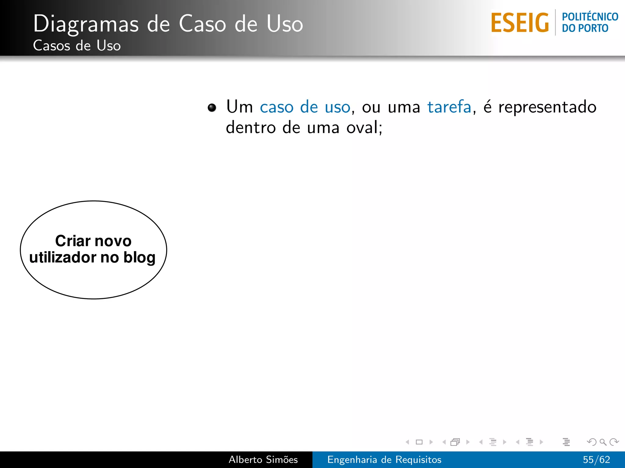 Diagramas de Caso de Uso
Casos de Uso



                 Um caso de uso, ou uma tarefa, ´ representado
                                                e
                 dentro de uma oval;




                 Alberto Sim˜es
                            o     Engenharia de Requisitos   55/62
 