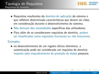 Tipologia de Requisitos
Requisitos de Dom´
                 ınio


       Requisitos resultantes do dom´ de aplica¸˜o do sistema e
                                    ınio           ca
       que reﬂetem determinada caracter´ ısticas que devem ser tidas
       em considera¸˜o durante o desenvolvimento do sistema;
                    ca
       N˜o derivam das necessidades espec´
        a                                ıﬁcas dos utilizadores;
       Para al´m de se considerarem requisitos de dom´
               e                                       ınio, podem
       ser classiﬁcados como requisitos funcionais ou n˜o funcionais;
                                                       a
  Exemplos:
       no desenvolvimento de um registo cl´
                                          ınico eletr´nico, a
                                                     o
       autentica¸˜o pode ser considerada um requisito de dom´
                ca                                            ınio
       imposto pelo enquadramento de prote¸˜o de dados pessoais;
                                            ca




                         Alberto Sim˜es
                                    o     Engenharia de Requisitos      15/62
 