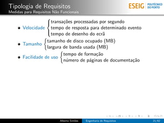 Tipologia de Requisitos
Medidas para Requisitos N˜o Funcionais
                         a
                   
                   transa¸˜es processadas por segundo
                           co
       Velocidade tempo de resposta para determinado evento
                     tempo de desenho do ecr˜a
                   

                   tamanho de disco ocupado (MB)
       Tamanho
                   largura de banda usada (MB)
                           tempo de forma¸˜o
                                          ca
       Facilidade de uso
                           n´mero de p´ginas de documenta¸˜o
                            u          a                 ca




                           Alberto Sim˜es
                                      o     Engenharia de Requisitos   21/62
 