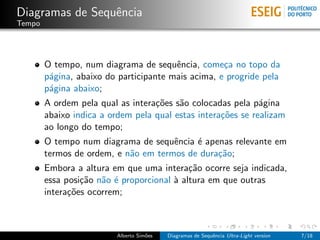 Diagramas de Sequˆncia
                 e
Tempo




        O tempo, num diagrama de sequˆncia, come¸a no topo da
                                        e           c
        p´gina, abaixo do participante mais acima, e progride pela
         a
        p´gina abaixo;
         a
        A ordem pela qual as intera¸˜es s˜o colocadas pela p´gina
                                   co    a                    a
        abaixo indica a ordem pela qual estas intera¸˜es se realizam
                                                    co
        ao longo do tempo;
        O tempo num diagrama de sequˆncia ´ apenas relevante em
                                      e    e
        termos de ordem, e n˜o em termos de dura¸˜o;
                            a                   ca
        Embora a altura em que uma intera¸˜o ocorre seja indicada,
                                            ca
        essa posi¸˜o n˜o ´ proporcional ` altura em que outras
                 ca a e                 a
        intera¸˜es ocorrem;
              co



                          Alberto Sim˜es
                                     o     Diagramas de Sequˆncia Ultra-Light version
                                                            e                           7/18
 