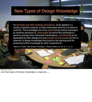 New Types of Design Knowledge


                         “to stimulate and steer strategic discussions, to be applied in a
                         variety of speciﬁc projects, to help understand what we are doing or
                         could do. This knowledge has to be explicit (to be clearly expressed
                         by whoever produces it), discussable (to permit the exchange of
                         opinions among many interested interlocutors), transferrable (to be
                         applicable by other designers) and possible to accumulate (to form a
                         reservoir of design knowledge that could be the starting point for
                         producing further knowledge by other researchers).”
                         Manzini, E. 2009, "New Design Knowledge.”, Design Studies, vol. 30, no. 1 , p. 12.




Wednesday, 17 April 13
 