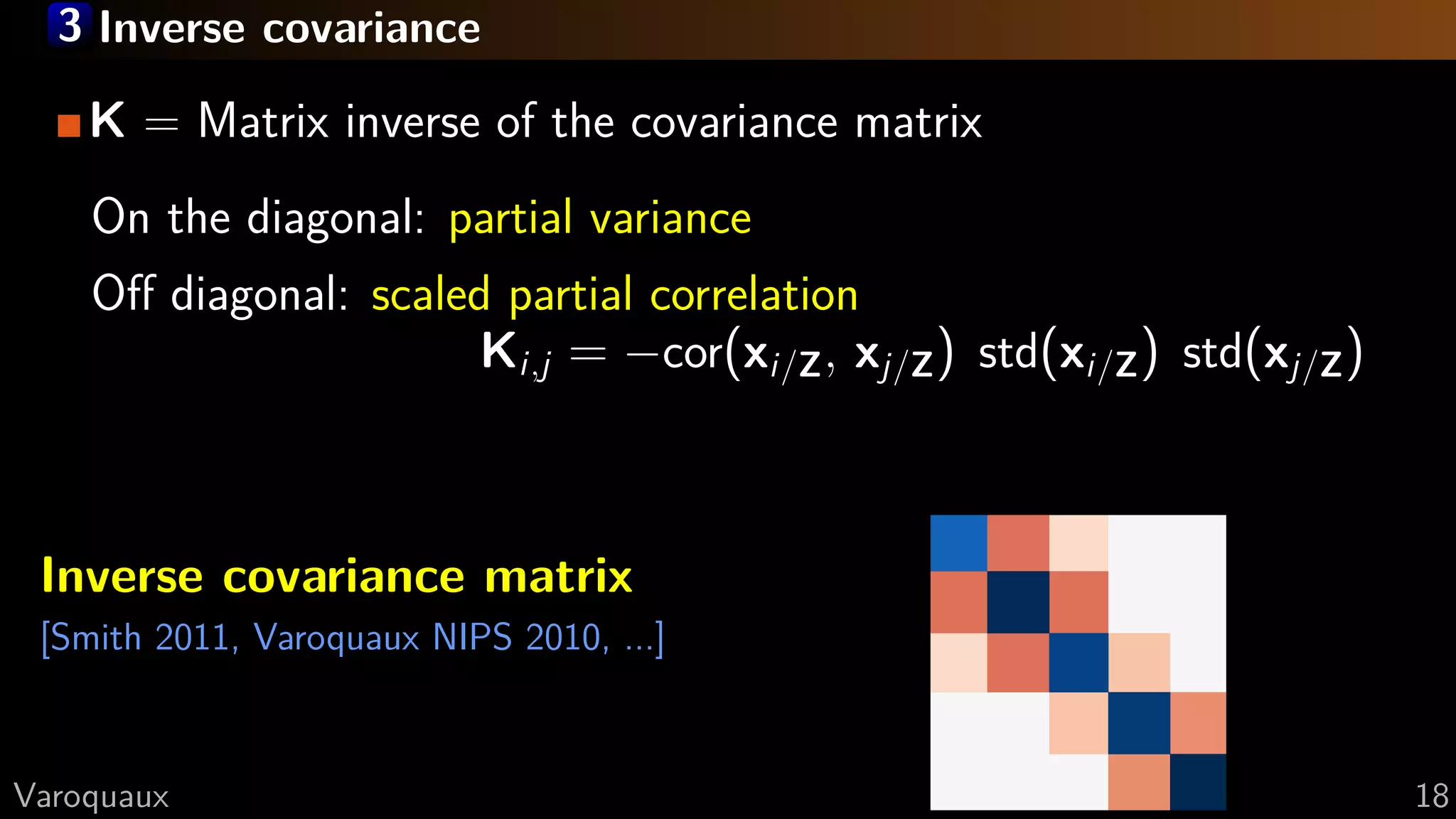 3 Inverse covariance
K = Matrix inverse of the covariance matrix
On the diagonal: partial variance
Oﬀ diagonal: scaled partial correlation
Ki,j = −cor(xi/Z, xj/Z) std(xi/Z) std(xj/Z)
Inverse covariance matrix
[Smith 2011, Varoquaux NIPS 2010, ...]
G Varoquaux 18
 