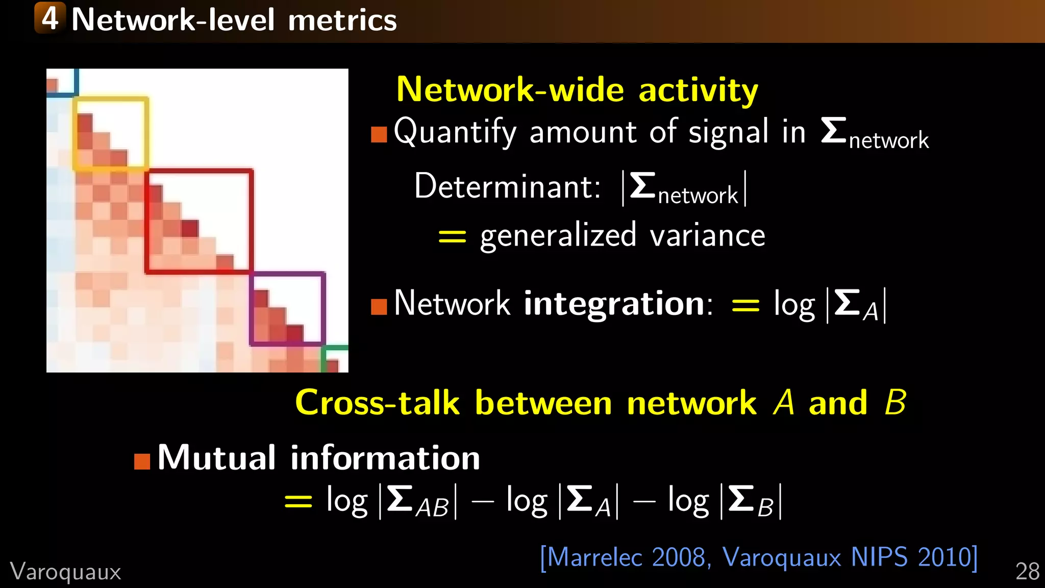 4 Network-level metrics
Network-wide activity
Quantify amount of signal in Σnetwork
Determinant: |Σnetwork|
= generalized variance
Network integration: = log |ΣA|
Cross-talk between network A and B
Mutual information
= log |ΣAB| − log |ΣA| − log |ΣB|
[Marrelec 2008, Varoquaux NIPS 2010]G Varoquaux 28
 