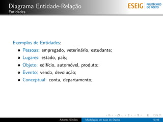 Diagrama Entidade-Rela¸c˜ao
Entidades
Exemplos de Entidades:
Pessoas: empregado, veterin´ario, estudante;
Lugares: estado, pa´ıs;
Objeto: edif´ıcio, autom´ovel, produto;
Evento: venda, devolu¸c˜ao;
Conceptual: conta, departamento;
Alberto Sim˜oes Modela¸c˜ao de base de Dados 5/46
 