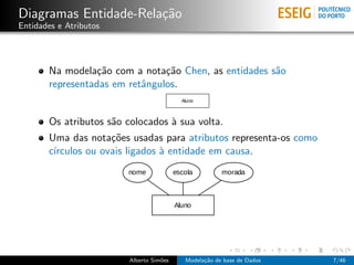 Diagramas Entidade-Rela¸c˜ao
Entidades e Atributos
Na modela¸c˜ao com a nota¸c˜ao Chen, as entidades s˜ao
representadas em retˆangulos.
Os atributos s˜ao colocados `a sua volta.
Uma das nota¸c˜oes usadas para atributos representa-os como
c´ırculos ou ovais ligados `a entidade em causa.
Alberto Sim˜oes Modela¸c˜ao de base de Dados 7/46
 