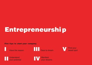 Entrepreneurship
Five tips to start
I
II
III
IV
VHave the reason
Understand
your potential
Dare to dream
Manifest
your dre...
