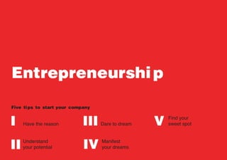 Entrepreneurship
Five tips to start
I
II
III
IV
VHave the reason
Understand
your potential
Dare to dream
Manifest
your dreams
Find your
sweet spot
your company
 