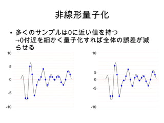 非線形量子化
● 多くのサンプルは0に近い値を持つ
→0付近を細かく量子化すれば全体の誤差が減
らせる
0
5
10
-5
-10
0
5
10
-5
-10
 