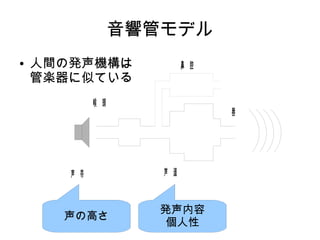 音響管モデル
● 人間の発声機構は
管楽器に似ている
声 帯 声 道
喉 頭
唇
鼻 腔
声の高さ
発声内容
個人性
 
