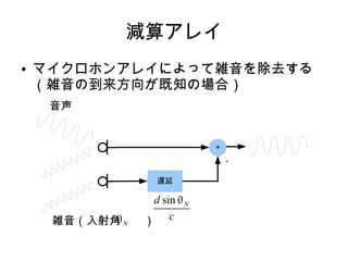 減算アレイ
● マイクロホンアレイによって雑音を除去する
（雑音の到来方向が既知の場合）
＋
－
遅延
雑音（入射角　　）
音声
N
d sin N
c
 